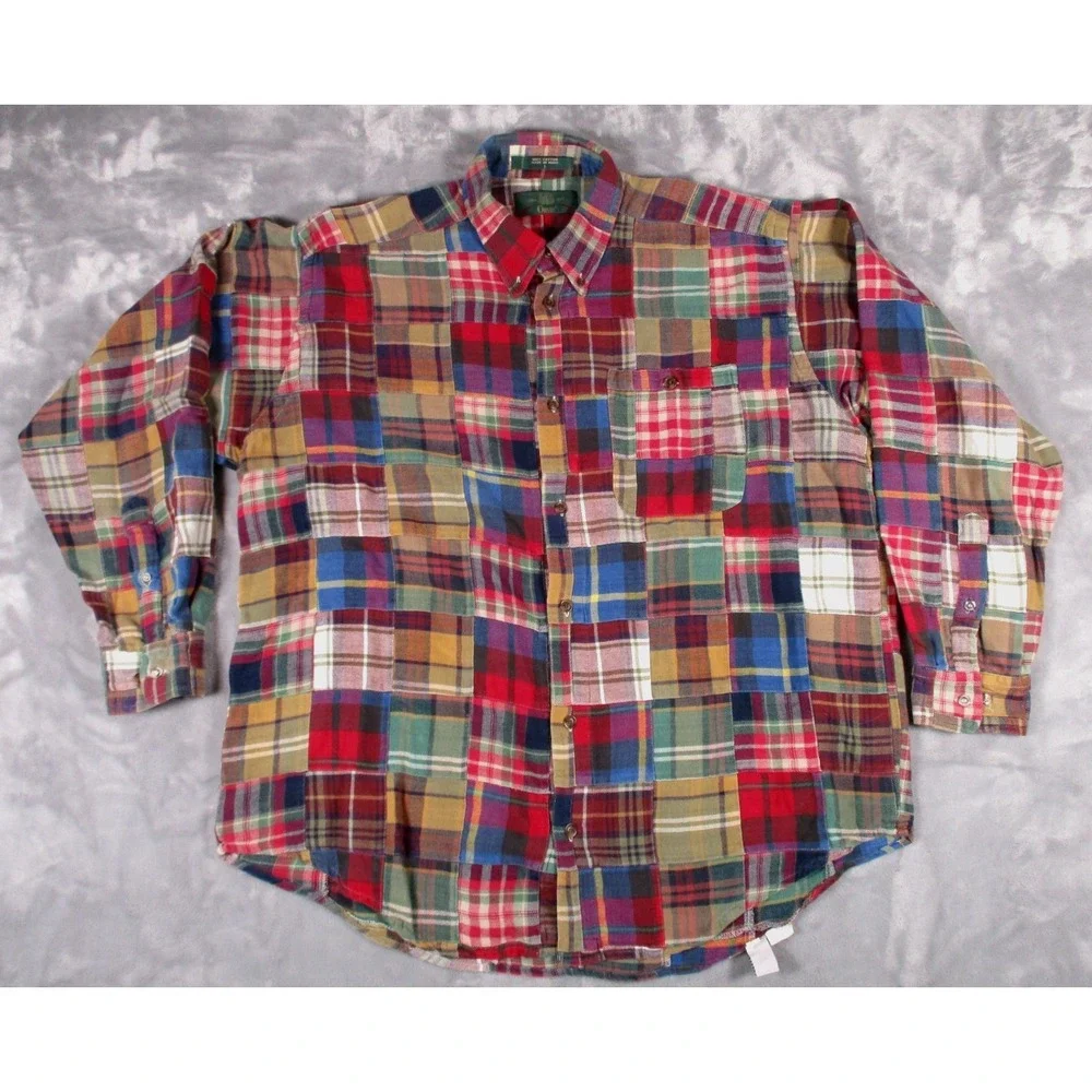 Orvis Patchwork Flannel Plaid Shirt Men's L Button Down 2000's - Picture 2 of 9